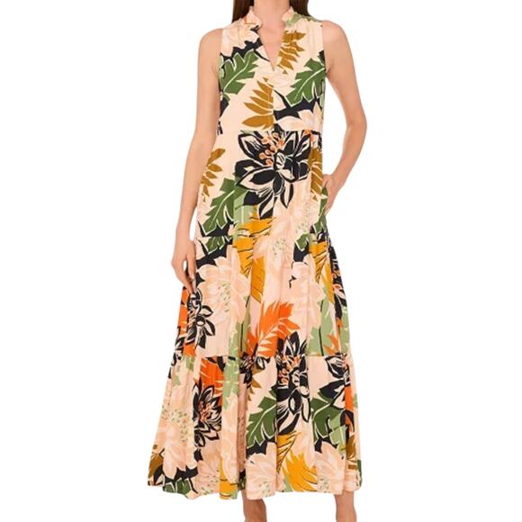 Vince Camuto Sleeveless Tiered Maxi Dress Ruffle Neck Orange Black Floral Small - Picture 1 of 10